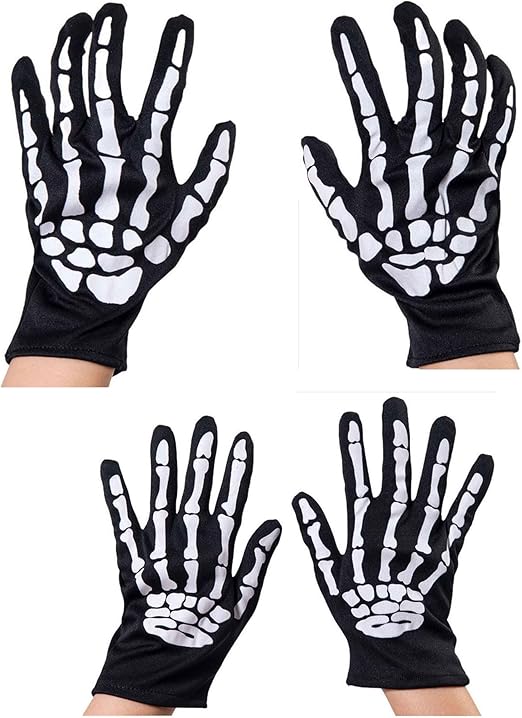Skeleton Gloves, 2 Pairs Set Bone Pattern Design 1 for Kids and 1 for Adults, Reaper Skull Gloves for Scary Halloween Costumes