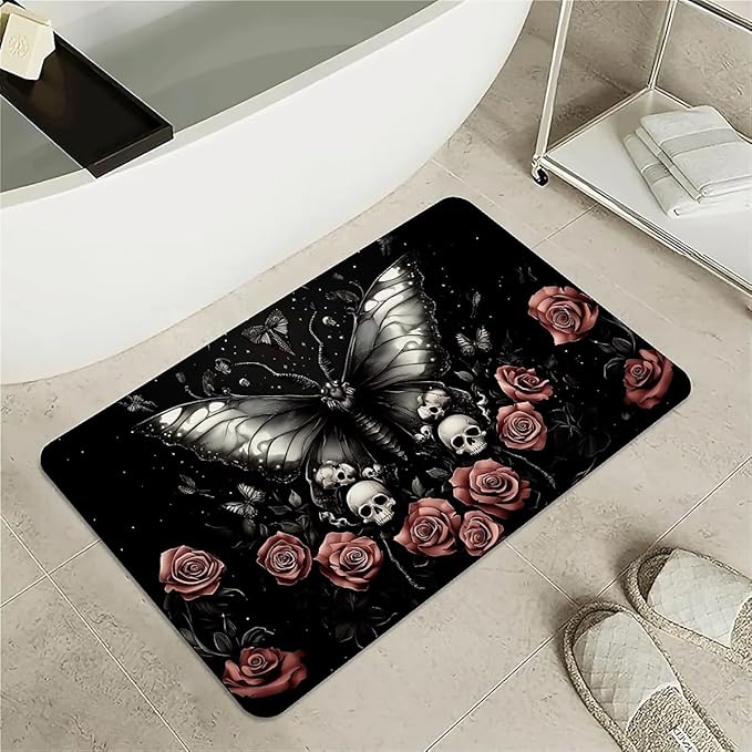 Diatomaceous Earth Bath Mat,Gothic Moth Roses Skulls Non-Slip Volume Super Absorbent Fast Drying Eco-Friendly Easy to Clean for Bathroom Kitchen Door mat 16×24Inch (40 * 60cm)