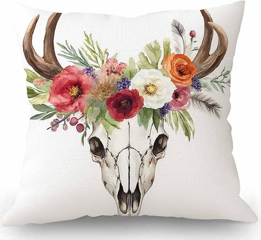 Swono Watercolor Floral Boho Deer Skull Burlap Throw Pillow Case Cushion Cover Couch Sofa Decorative Square 18x18 inches