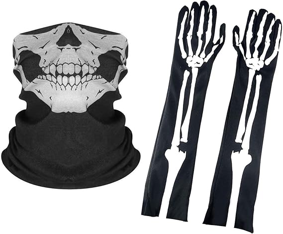 Halloween Skeleton Gloves Long and Skull Face Mask Half Ghost Bones for Adult Hallowmas Cosplay Dance Costume Party