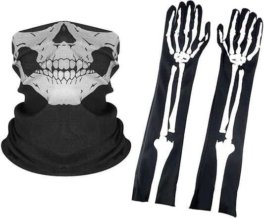 Halloween Skeleton Gloves Long and Skull Face Mask Half Ghost Bones for Adult Hallowmas Cosplay Dance Costume Party