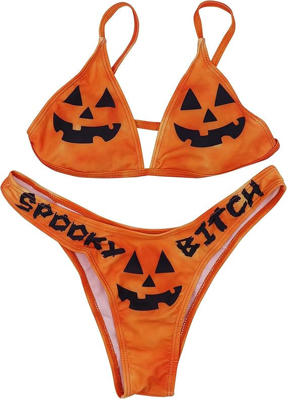 Women Gothic Skull Letter Printed Two Piece Swimsuit High Cut Triangle Bikini Set for Rave Party Festival Halloween