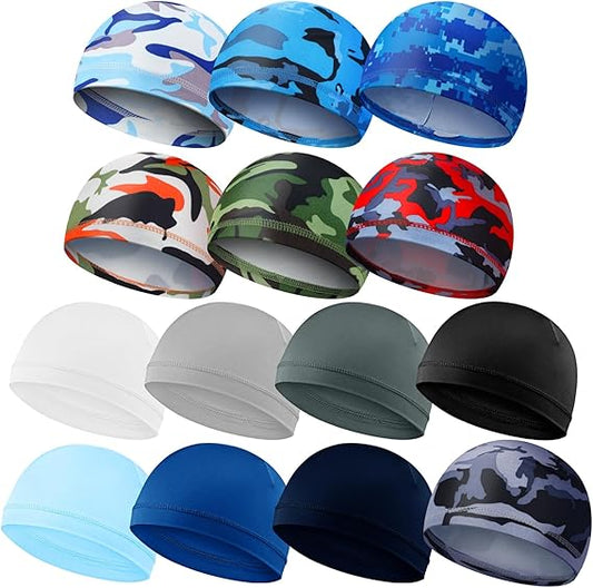 14pcs Skull Caps Helmet Liner Sweat-Wicking Thermal Running Beanie Cycling Skull Caps Bicycle Cycling Running Hat Cooling Camo Liner Lightweight Cycle Cap Run Head Hat for Men Women Motorcycle