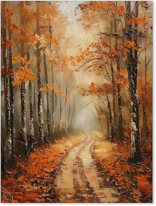 Jefuzh Autumn Nature Scenery Wall Art Fall Forest Tree Landscape Poster Retro Maple Leavers Oil Painting Canvas Prints for Apartment Bedroom Wall Decor 12x16 inch Unframed