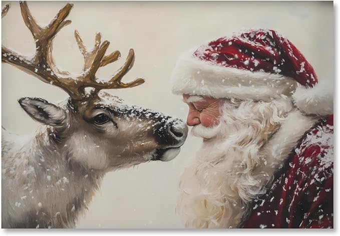 Vintage Christmas Canvas Wall Art Santa Claus Reindeer Prints Poster Cozy Holiday Oil Painting Snowfall Winter Decor Christmas Pictures Decoration for Living Room Bedroom 8x12inch Unframed