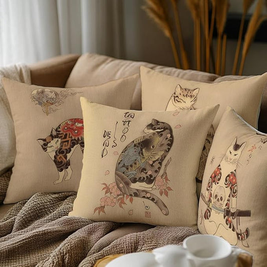 Outdoor Pillow Covers Japanese Ukiyo-e Tattoo Samurai Skull Cat Pattern Throw Pillow Covers Set of 4 Linen Blend 20x20In Decorative Pillows for Couch Bed Sofa Cushion Cover (No Filling)