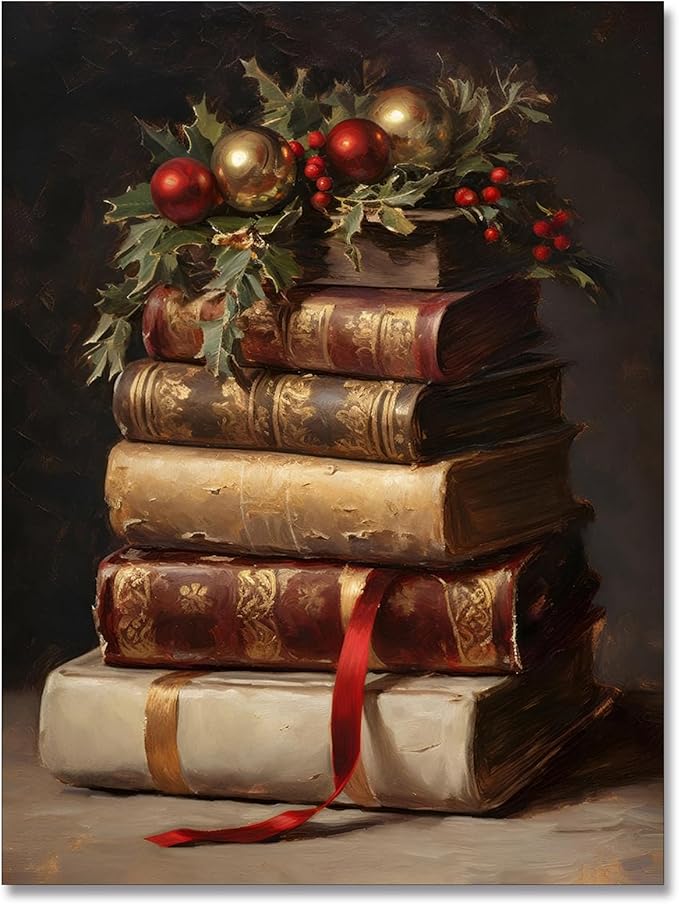 uoyien Vintage Christmas Canvas Wall Art Rustic Farmhouse Books Art Still Life Painting Merry Christmas Poster Winter Picture Print Xmas Dark Academia Decor Wall Decorations Gifts 12x16in Unframed