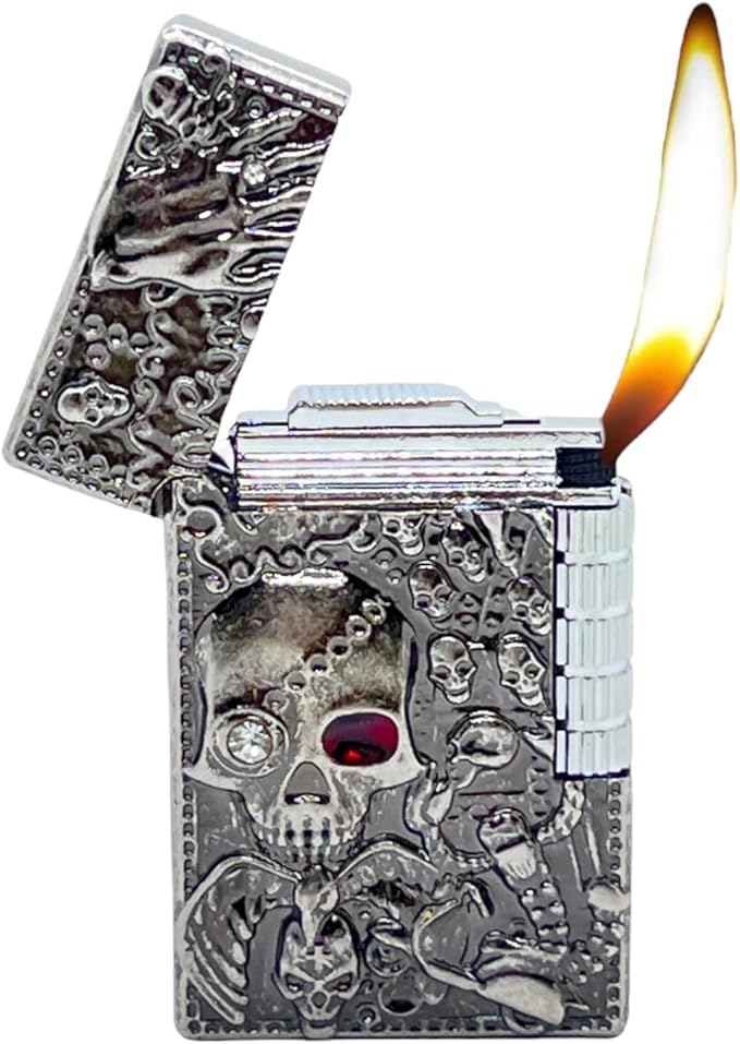 NIVEK Cool Silver Carved Skull Lighter, Skeleton, Refillable with Wheel Ignition, Punk, Pirate, Goth, Rebel