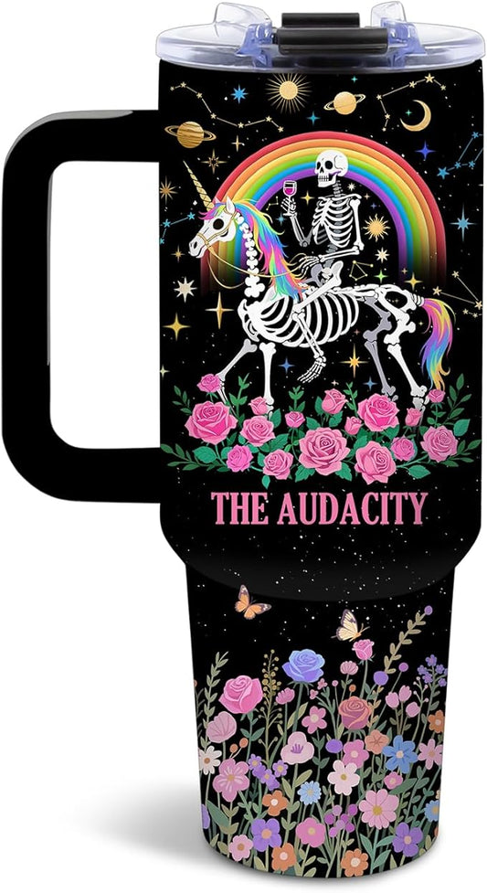 DUUV 40 Oz Spooky Tumbler with Handle, Funny Witchy Gifts for Women Men Tarot Lovers, Spooky Ghost Design Leakproof Travel Mug, the Audacity Skull Tumbler for Christmas, Skeleton Cup Black, 1PCS