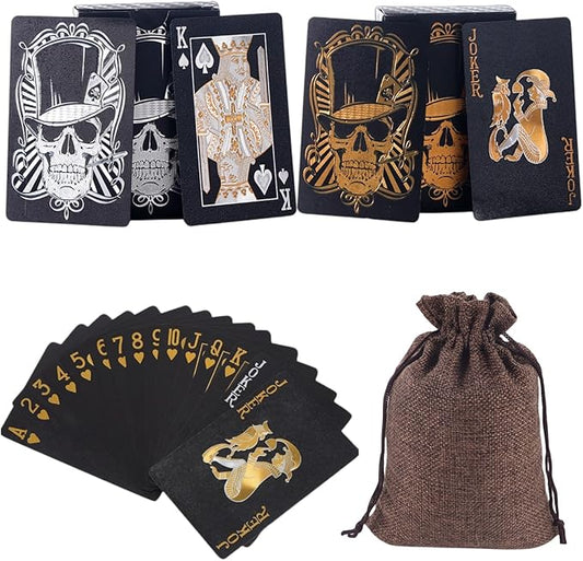 2 Pack Skull Playing Cards Black Poker Cards Waterproof Plastic Black Foil Playing Cards Highly Flexible,2 Decks of Cards with Bag (Gold Silver)