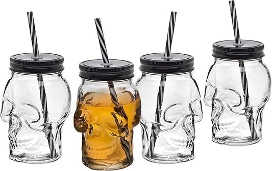 Skull Mason Jar Mug Glass Tumbler Cup with Cover and Straw - 16oz, Set of 4