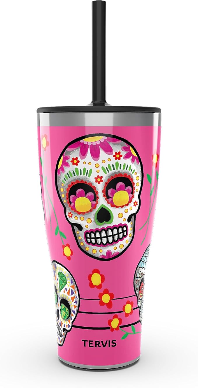 Tervis Traveler Colorful Sugar Skulls Triple Walled Insulated Tumbler Travel Cup Keeps Drinks Cold & Hot, 30oz with Straw Lid, Stainless Steel
