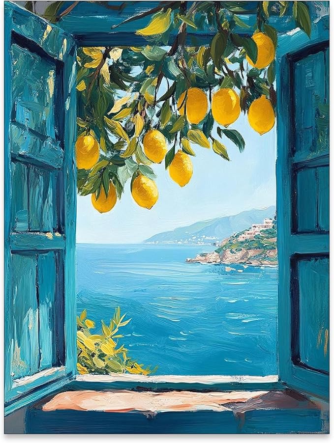 Mediterranean Window View Wall Art Coastal Lemon Tree Canvas Prints Blue Seascape Posters Modern Nature Landscape Pictures for Bedroom Living Room Office Decor 12x16 In Unframed