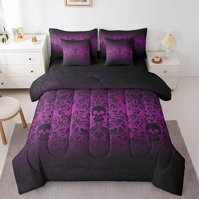 Damask Gothic Bedding Set Adults Antique Victorian Comforter Set 7 Piece Bed in a Bag Twin,Lilac Purple Sugar Skull Sheet Set Vintage Baroque Floral Goth Bed Set,Exotic Bone Skeleton Bohemian Decor
