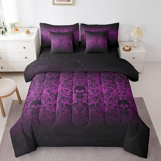 Damask Gothic Bedding Set Adults Antique Victorian Comforter Set 7 Piece Bed in a Bag Twin,Lilac Purple Sugar Skull Sheet Set Vintage Baroque Floral Goth Bed Set,Exotic Bone Skeleton Bohemian Decor