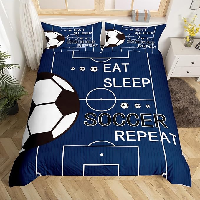 jejeloiu Kids Soccer Bedding Set Full Size Football Comforter Cover Set Boys Girls Eat Sleep Soccer Ball Pattern Duvet Cover Sports Theme Gaming Sports Navy Blue Bedspread Cover(No Comforter)