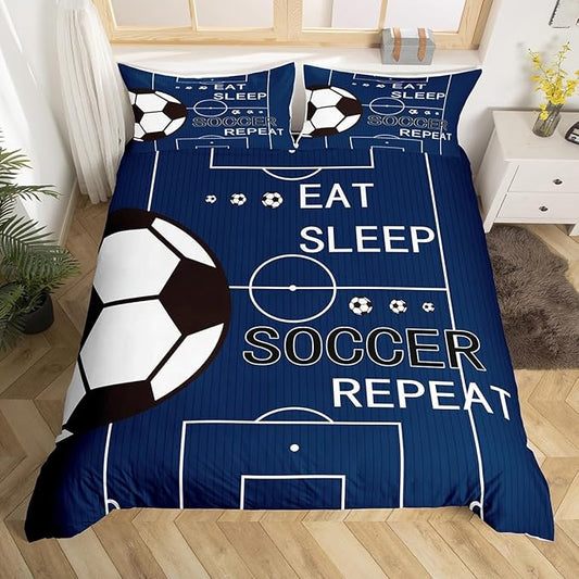 jejeloiu Kids Soccer Bedding Set Full Size Football Comforter Cover Set Boys Girls Eat Sleep Soccer Ball Pattern Duvet Cover Sports Theme Gaming Sports Navy Blue Bedspread Cover(No Comforter)