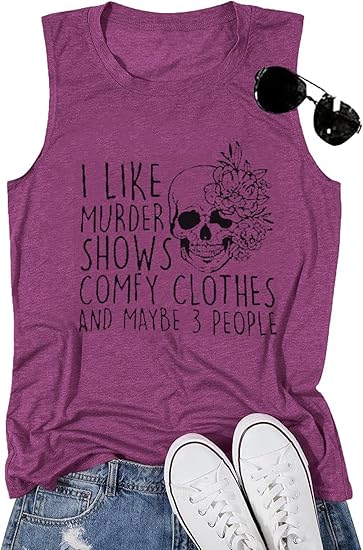 Women Novelty Shirt I Like Murder Shows Friends Horror Tee Maybe 3 People Funny Skull Graphic Casual Halloween Athletic Tops