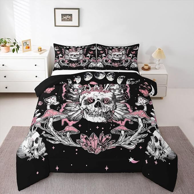 Gothic Skull Bedding Set Full for Full Bed Hippie Butterfly Comforter Set for Girls, Trippy Mushroom Duvet Insert Black White Pink Quilt Comforter, Horror Skeleton Bedding Comforters & Sets Breathable