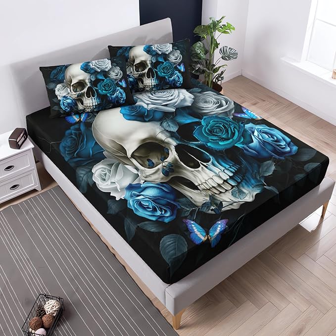 Skull Gothic Bedding Set Twin Size,Blue Rose Flower Fitted Sheet for Kids Boys Girls Home Decor,Halloween Horror Themed Bedding Set,1 Fitted Sheet+2 Pillowcases.