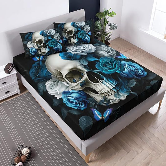 Skull Gothic Bedding Set Twin Size,Blue Rose Flower Fitted Sheet for Kids Boys Girls Home Decor,Halloween Horror Themed Bedding Set,1 Fitted Sheet+2 Pillowcases.