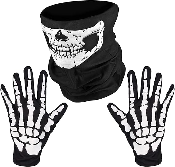 Halloween Skeleton Gloves And Skull Mask Decorations，Full Finger Skeleton Pattern Glovesor for Men Women Halloween Costume Party