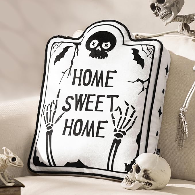 Phantoscope Halloween Shaped Throw Pillow, Tombstone Shaped with Piping, 3D Soft Velvet Skull Decorative Cushion for Couch, White, 18 x 13.5 inch