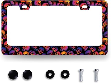 Colorful Skull License Plate Frame Skulls Goth Print License Plate Personalise Stainless Steel Auto Parts Funny License Plate Decoration with Screws Size 12.3" x 6.3"