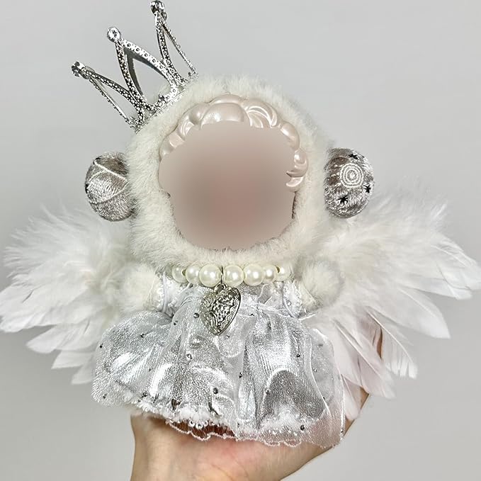Doll Outfit Compatible with Skull Panda Plush Doll 15-17cm (5.9-6.7in), Dress, Wings, Necklace and Headpiece Accessories Set, Stylish Cute Clothes Set Dress up (White Dress+Silver Tiara)