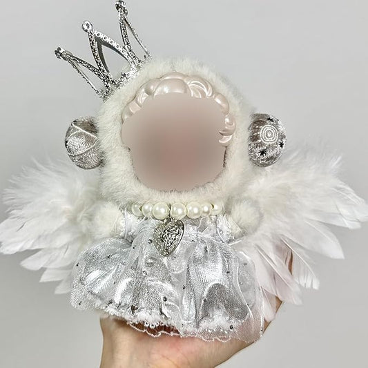 Doll Outfit Compatible with Skull Panda Plush Doll 15-17cm (5.9-6.7in), Dress, Wings, Necklace and Headpiece Accessories Set, Stylish Cute Clothes Set Dress up (White Dress+Silver Tiara)