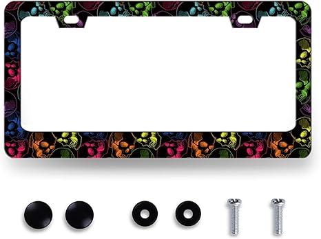 Neon Skull License Plate Frame Colorful Skulls Print Goth Gothic License Plate Holder Stainless Steel Auto Parts Funny License Plate Decoration with Screws Size 12.3"x6.3"