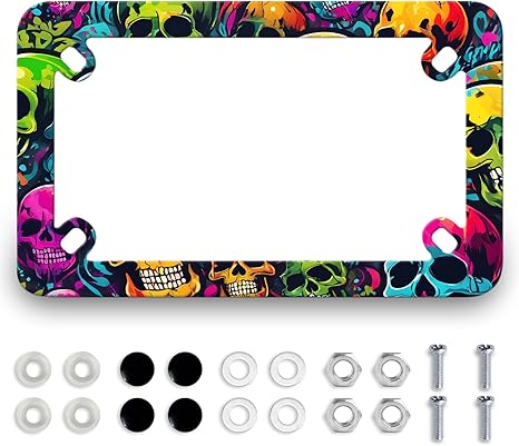 Colorful Skull Motorcycle License Plate Frame Stainless Steel Cool Skulls Plate Holder Tag Frames Funny Motorcycle Accessory 4 Holes with Screws Nut Caps 7.7"x4.5"for Motorcycle Bike