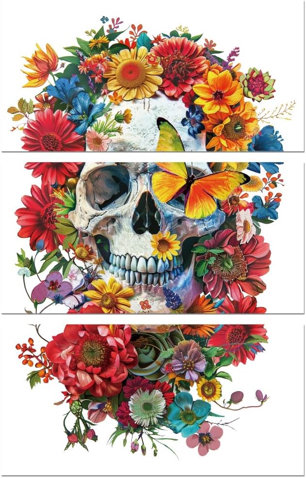 Peacoblue Rub on Transfer Decals for Furniture Crafts 6"x12", 3Pcs Skull and Flower Waterproof UV DTF Transfer Decals Sticker for Dresser Lingerie Chests Drawer Glass Porcelain Wood