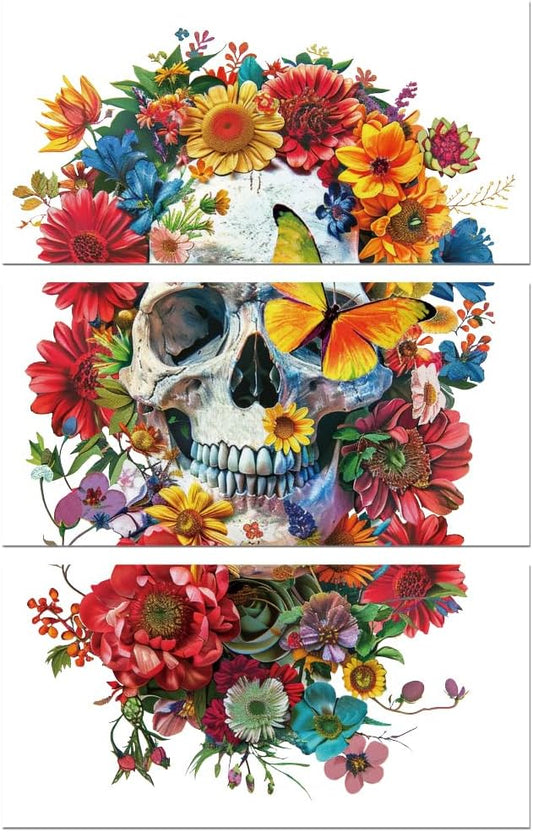 Peacoblue Rub on Transfer Decals for Furniture Crafts 6"x12", 3Pcs Skull and Flower Waterproof UV DTF Transfer Decals Sticker for Dresser Lingerie Chests Drawer Glass Porcelain Wood