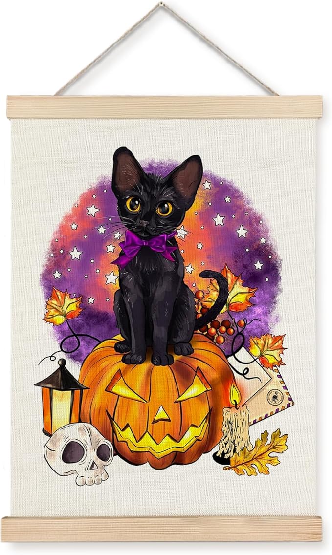 Yomisex Halloween Pumpkin Black Cat Wall Art Poster, Black Cat Halloween Decor, Witchy Fall Maple Leaf Gothic Skull Kitten Wall Art Framed for Home Bedroom Living Room Decor, 12x16 Inch