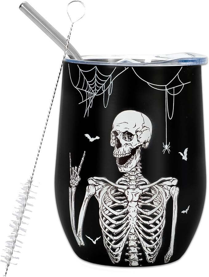 Whaline Stainless Steel Wine Tumbler with Straw and Lid Black White Skull Bat Coffee Mug Skeleton Insulated Wine Tumbler for Halloween Hot and Cold Drinks Gift