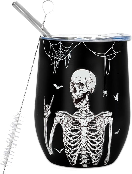 Whaline Stainless Steel Wine Tumbler with Straw and Lid Black White Skull Bat Coffee Mug Skeleton Insulated Wine Tumbler for Halloween Hot and Cold Drinks Gift