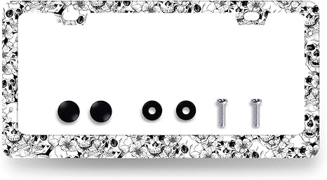 Skull License Plate Frame Black White Skeleton License Plate Stainless Steel Funny Accessories Cars Decor 12.3X 6.3 Inch Fits Standard Us Ca Vehicles with 2 Holes and Screws