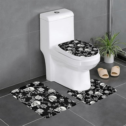 3 Piece Bathroom Rugs Set, Skulls and Thorns Roses Vines Gothic Vintage Bath Rug Set,Non-Slip 24"X16" Flannel Bath Mat with U-Shaped Contour Mat & Toilet Lid Cover