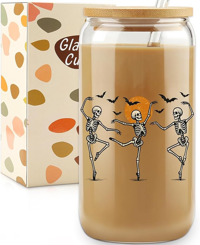 Halloween Skeleton Glass Cup, Halloween Trick or Treat Tumble, 16Oz Iced Coffee Glass Cups with Lids and Straws, Cute Skull Party Desk Decorations Gifts, Large Glass Storage Jar
