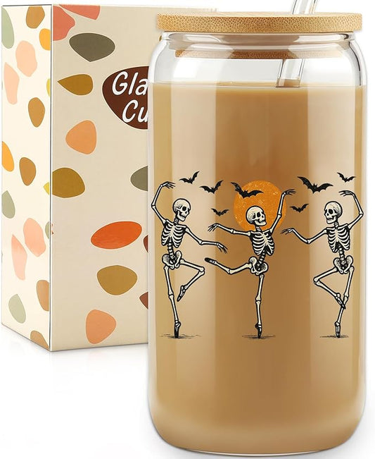 Halloween Skeleton Glass Cup, Halloween Trick or Treat Tumble, 16Oz Iced Coffee Glass Cups with Lids and Straws, Cute Skull Party Desk Decorations Gifts, Large Glass Storage Jar