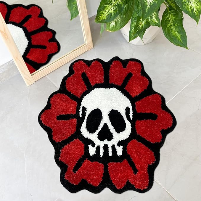 Skull Rug Cool Gothic Flower Bath Mat Extra Soft Microfiber Tufted Bath Rugs Non Slip Bath Mats for Bathroom Tub Sink Shower Mat 2.6FT Halloween Scream Spooky Decor Carpet