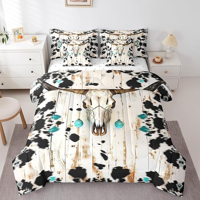 Erosebridal Gothic Comforter Set 7 Piece Bed in a Bag Queen,Exotic Bull Skull Cowhide Bedding Sets Indian Tribal Longhorn Cow Cattle Sheet Set with Comforter