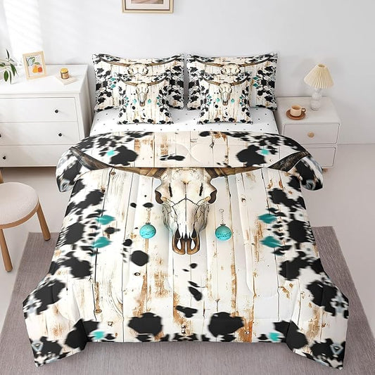 Erosebridal Gothic Comforter Set 7 Piece Bed in a Bag Queen,Exotic Bull Skull Cowhide Bedding Sets Indian Tribal Longhorn Cow Cattle Sheet Set with Comforter