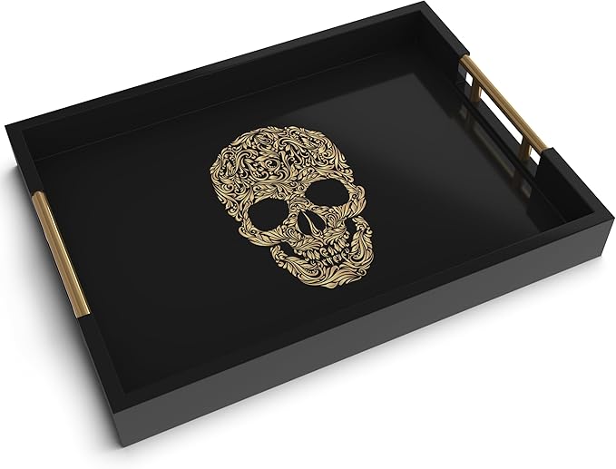 Gothic Skull Serving Tray with Gold Handles – Black Gloss Wooden Ottoman Tray for Coffee Table, Bar, or Kitchen – Elegant Gothic Decor & Unique Gift for Halloween, Horror & Alternative Style Lovers