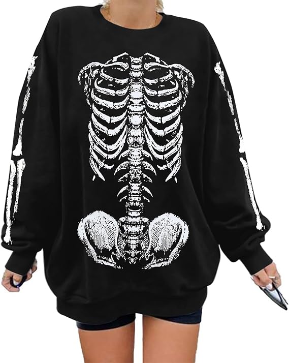 Women Gothic Skeleton Sweatshirt Punk Oversized Skull Graphic Sweater Y2K Halloween Long Sleeve Hoodies Pullover