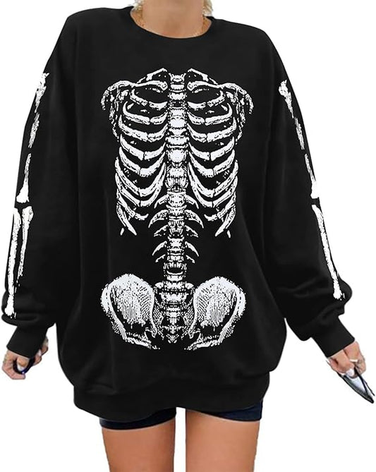 Women Gothic Skeleton Sweatshirt Punk Oversized Skull Graphic Sweater Y2K Halloween Long Sleeve Hoodies Pullover
