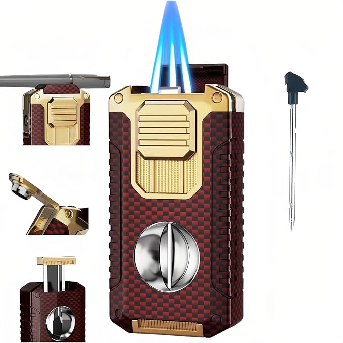 5-in-1 Butane Torch Lighter, Windproof Triple Blue Flames, Adjustable and Refillable Lighters, Gifts for Men (Fuel Not Included) (Red)