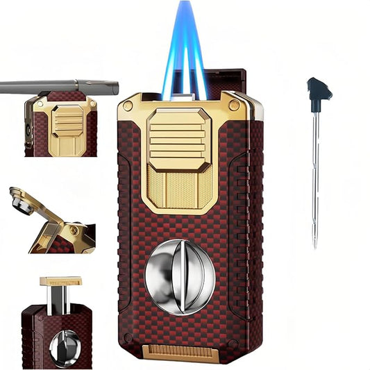 5-in-1 Butane Torch Lighter, Windproof Triple Blue Flames, Adjustable and Refillable Lighters, Gifts for Men (Fuel Not Included) (Red)