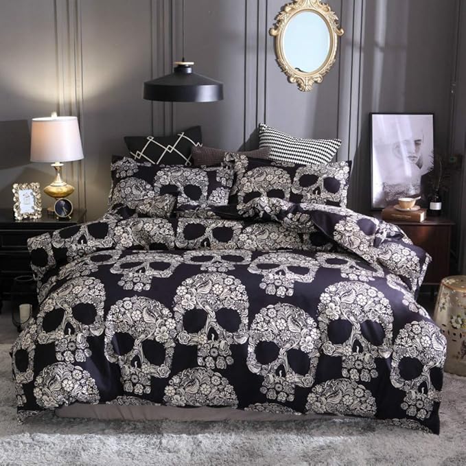 ZHH E-COMMERCE Duvet Cover Set Queen Size - Skull Skeleton 3 Pcs Comforter Cover Set for Adults and Kids, Gothic Horror Bedding Set with 1 Quilt Cover and 2 Pillowcases, for Bedroom Bed Decor
